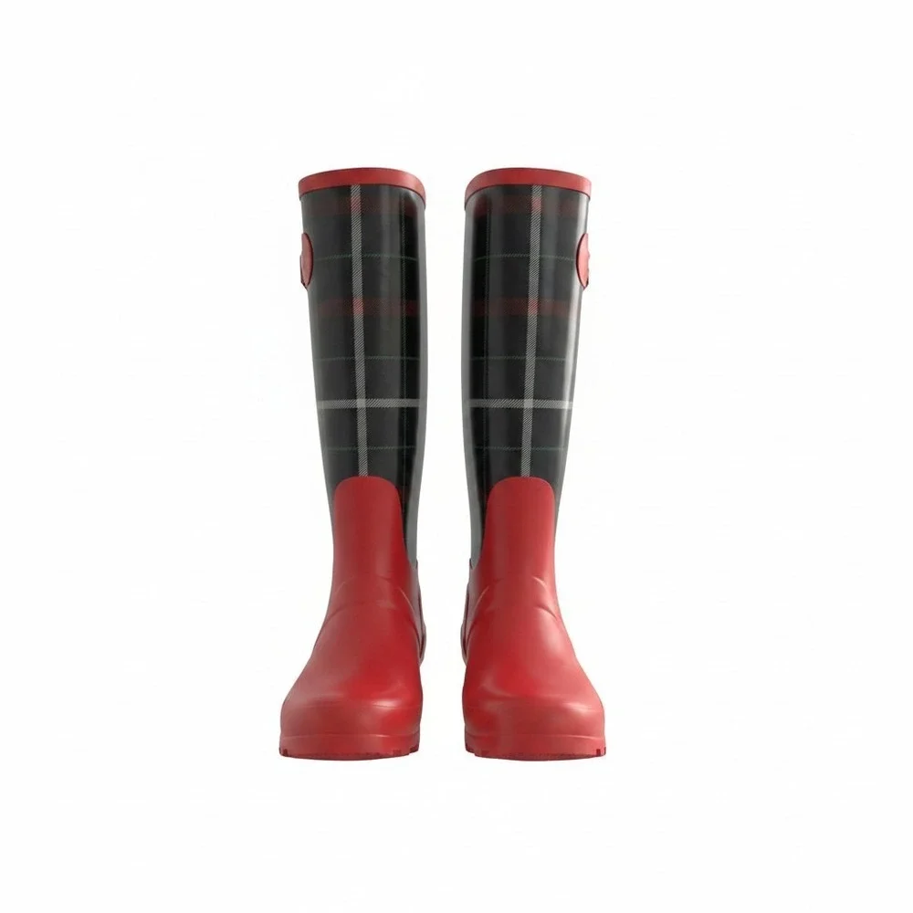 NIB Talbots Winnie Red Plaid Tall Rain Boots Womens‎ Size 7M Waterproof Lug Sole